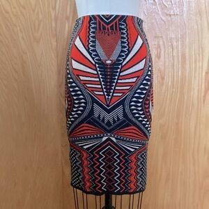 Orange black sparkle silver geometric knit curve hugging bodycon pencil skirt